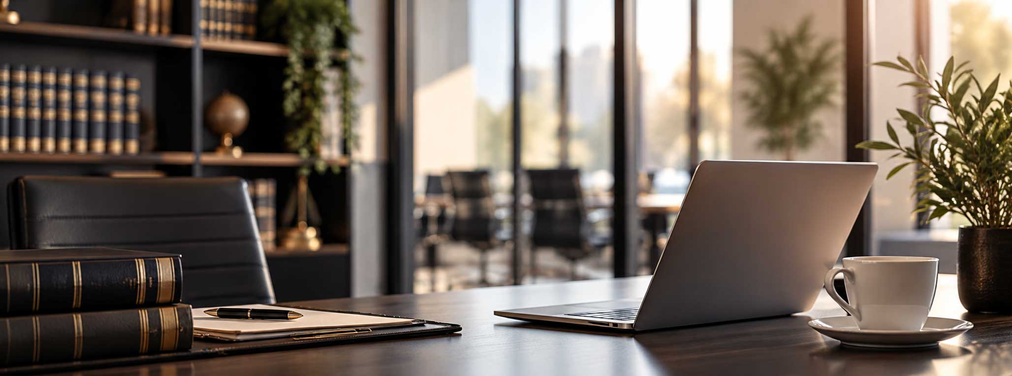 Modern law firm workspace with laptop, legal books and professional training materials.